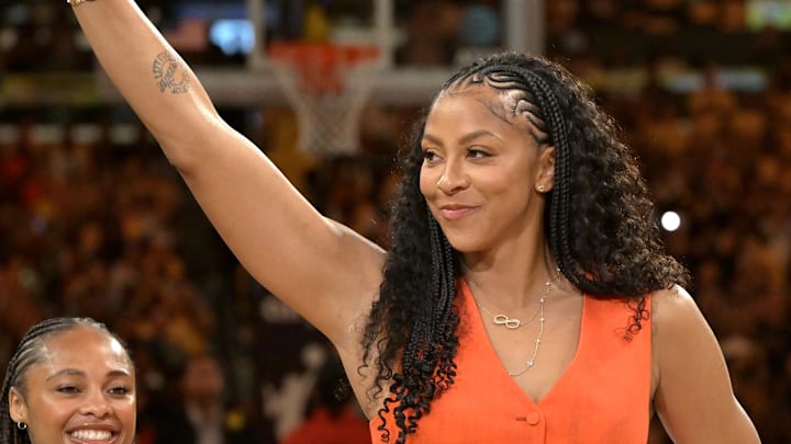 Jun 29, 2025; Los Angeles, California, USA; Former Los Angeles Sparks Candace Parker acknowledges the crowd during a jersey retirement ceremony at halftime at Crypto.com Arena. Mandatory Credit: Jayne Kamin-Oncea-Imagn Images Jun 29, 2025; Los Angeles, California, USA; Former Los Angeles Sparks Candace Parker acknowledges the crowd during a jersey retirement ceremony at halftime at Crypto.com Arena. Mandatory Credit: Jayne Kamin-Oncea-Imagn Images
