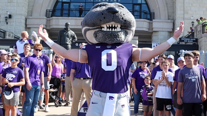 Kansas State Wildcats mascot Willie Wildcat poses before the team arrives at the stadium before the TCU game. Mandatory Credit: Scott Sewell-Imagn Images