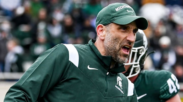 Michigan State's defensive coordinator Joe Rossi works with the linebackers during the Spring Showcase on Saturday, April 20, 2024, at Spartan Stadium in East Lansing.