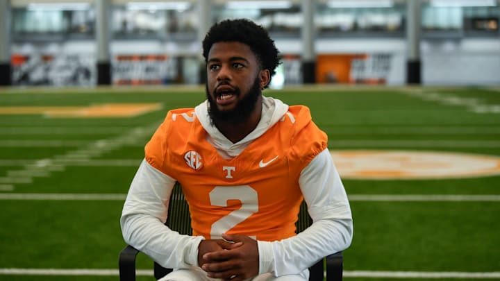University of Tennessee DB Andre Turrentine (2) speaks to the press on media day at the campus in Knoxville, Tuesday, July 30, 2024.