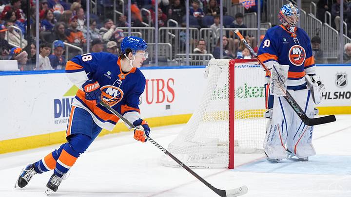 Apr 12, 2026; Elmont, New York, USA; New York Islanders defenseman Matthew Schaefer (48) carries the puck against the Montreal Canadiens in the third period at UBS Arena. Mandatory Credit: Alexander Wohl-Imagn Images