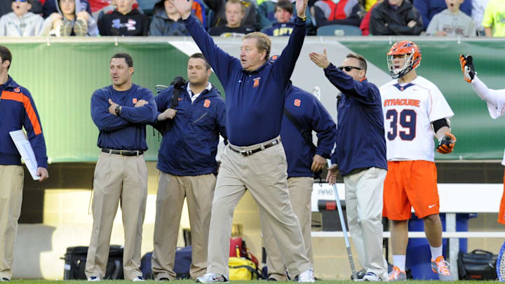 May 25, 2013; Philadelphia, PA, USA; Syracuse Orange head coach John Desko reacts to an officials call against the Denver Pioneers during the fourth quarter of the 2013 NCAA Division I Men's Lacrosse Semifinals at Lincoln Financial Field.  Syracuse won the game 9-8.  Mandatory Credit: Rich Barnes-Imagn Images