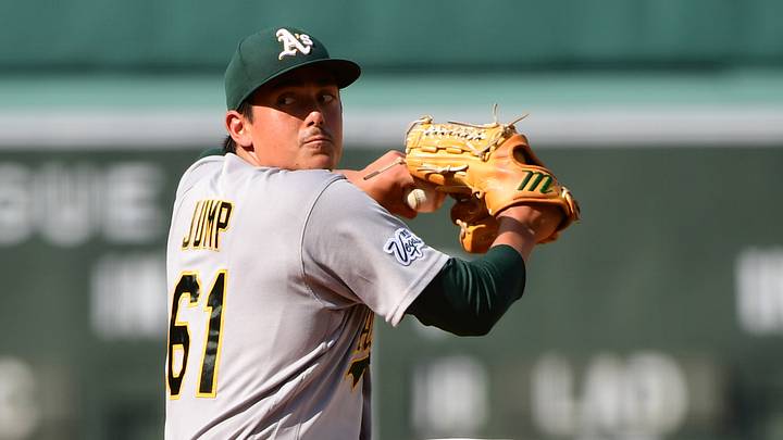 Aug 8, 2026; Boston, Massachusetts, USA; Athletics pitcher Gage Jump (61) pitches during the first inning against the Boston Red Sox at Fenway Park. Mandatory Credit: Bob DeChiara-Imagn Images Aug 8, 2026; Boston, Massachusetts, USA; Athletics pitcher Gage Jump (61) pitches during the first inning against the Boston Red Sox at Fenway Park. Mandatory Credit: Bob DeChiara-Imagn Images