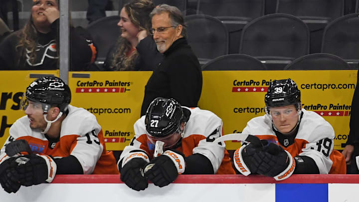 Jan 30, 2025; Philadelphia, Pennsylvania, USA; Philadelphia Flyers right wing Matvei Michkov (39) on the bench during the third period against the New York Islanders at Wells Fargo Center.