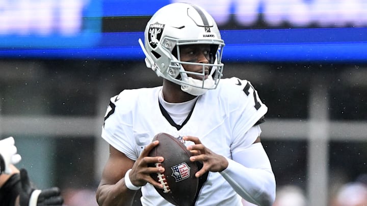Sep 7, 2025; Foxborough, Massachusetts, USA; Las Vegas Raiders quarterback Geno Smith (7) drops back to pass against the New England Patriots during the first half at Gillette Stadium. Mandatory Credit: Brian Fluharty-Imagn Images Sep 7, 2025; Foxborough, Massachusetts, USA; Las Vegas Raiders quarterback Geno Smith (7) drops back to pass against the New England Patriots during the first half at Gillette Stadium. Mandatory Credit: Brian Fluharty-Imagn Images