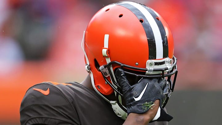 Browns receiver Amari Cooper reacts after quarterback Jacoby Brissett threw an interception as time expired in the first half against the Buccaneers, Sunday, Nov. 27, 2022, in Cleveland.

Browns27jl 1