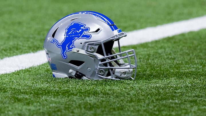 Dec 3, 2023; New Orleans, Louisiana, USA; Detailed view of the Detroit Lions helmet during warmups before the game against the New Orleans Saints at Caesars Superdome. Mandatory Credit: Stephen Lew-Imagn Images Dec 3, 2023; New Orleans, Louisiana, USA; Detailed view of the Detroit Lions helmet during warmups before the game against the New Orleans Saints at Caesars Superdome. Mandatory Credit: Stephen Lew-Imagn Images
