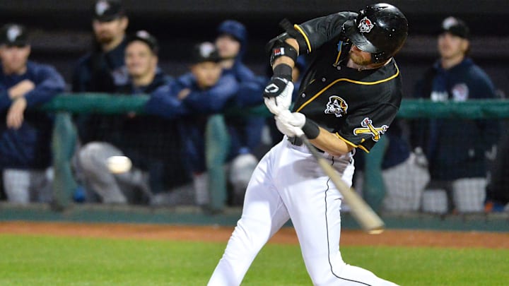 Erie SeaWolves batter Gage Workman hit this ball for an eighth-inning home run against the Binghamton Rumble Ponies during game 2 of the Eastern League Championship series UPMC Park in Erie on Sept. 26, 2023.