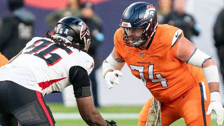 November 17, 2024: Denver Broncos guard Ben Powers (74) blocks Atlanta Falcons defensive end Zach Harrison (96) in the second half of the football game between the Denver Broncos and Atlanta Falcons. 