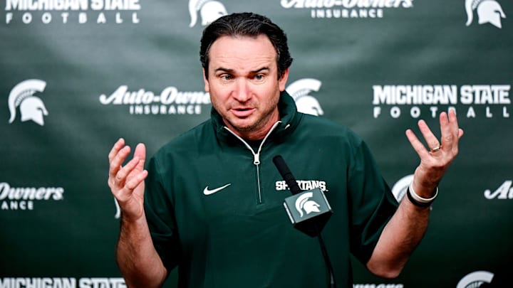 Michigan State coach Jonathan Smith talks the media on the first national signing day for college football recruits Wednesday, Dec. 4, 2024, at Spartan Stadium in East Lansing.