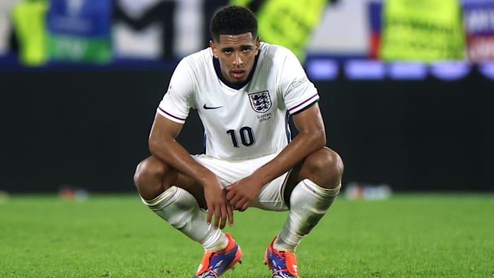 Jude Bellingham of England reacts after his team's scoreless draw against Slovenia in the European Championships.