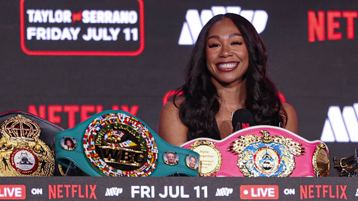 Alycia Baumgardner speaks at a press conference announcing Taylor vs Serrano 3 at Madison Square Garden.