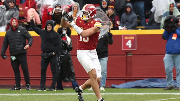 Nov 1, 2025; Ames, Iowa, USA; Iowa State Cyclones tight end Benjamin Brahmer (18) catches a touchdown pass against the Arizona State Sun Devils during the first half at Jack Trice Stadium. Mandatory Credit: Reese Strickland-Imagn Images