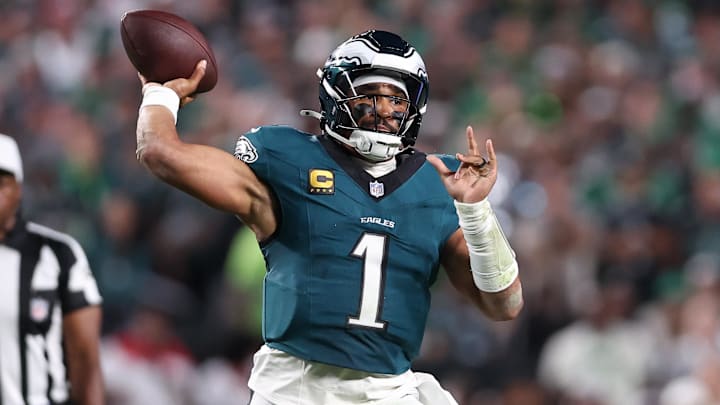 Sep 4, 2025; Philadelphia, Pennsylvania, USA; Philadelphia Eagles quarterback Jalen Hurts (1) passes the ball against the Dallas Cowboys during the second quarter of the game at Lincoln Financial Field. Mandatory Credit: Bill Streicher-Imagn Images