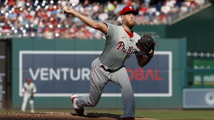 Sep 28, 2024; Washington, District of Columbia, USA; Philadelphia Phillies starting pitcher Zack Wheeler (45) pitches against the Washington Nationals during the first inning at Nationals Park. 