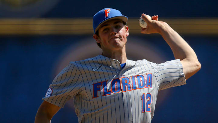 Florida pitcher Hunter Barco (12) makes a pitch against Mississippi State during the SEC Tournament