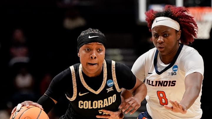 Colorado guard Desiree Wooten (3) brings the ball past Illinois guard Jasmine Brown-Hagger (8) during the first half in the first round of the NCAA college basketball tournament at Memorial Gym in Nashville, Tenn., Saturday, March 21, 2026.