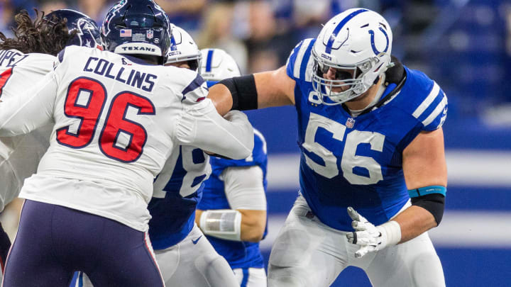 Jan 8, 2023; Indianapolis, Indiana, USA; Indianapolis Colts guard Quenton Nelson (56) in the first half against the Houston Texans at Lucas Oil Stadium. Mandatory Credit: Trevor Ruszkowski-USA TODAY Sports