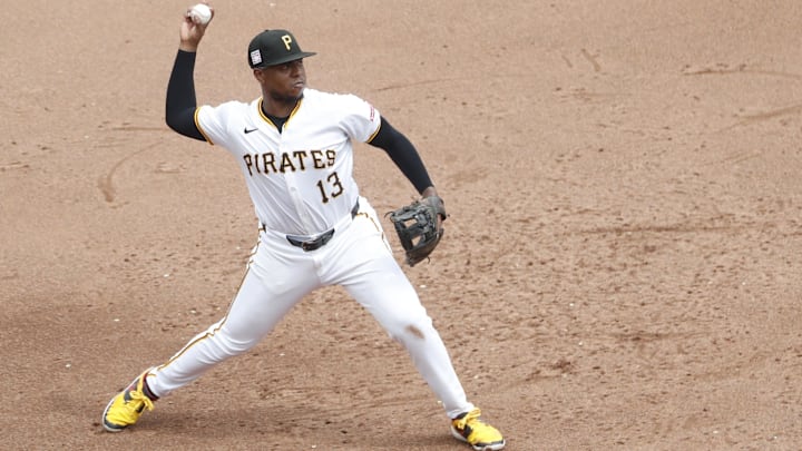 Pittsburgh Pirates third baseman Ke'Bryan Hayes (13) throws to first base to retire Philadelphia Phillies right fielder Nick Castellanos (not pictured) during the sixth inning at PNC Park. The Phillies won 6-0. Pittsburgh Pirates third baseman Ke'Bryan Hayes (13) throws to first base to retire Philadelphia Phillies right fielder Nick Castellanos (not pictured) during the sixth inning at PNC Park. The Phillies won 6-0.