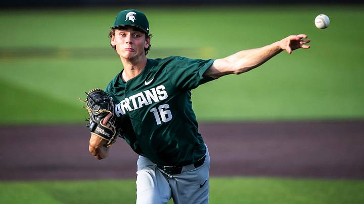 Michigan State's Joseph Dzierwa delivers a pitch during a NCAA Big Ten Conference baseball game against Iowa, Friday, May 12, 2023, at Duane Banks Field in Iowa City, Iowa.