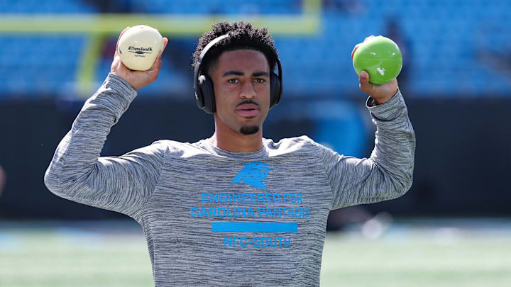 Sep 21, 2025; Charlotte, North Carolina, USA; Carolina Panthers quarterback Bryce Young (9) warms up before a game Carolina Panthers and the Atlanta Falcons at Bank of America Stadium. Mandatory Credit: Cory Knowlton-Imagn Images