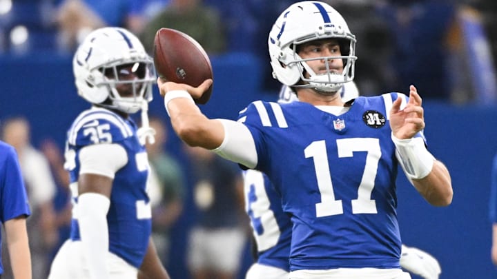 Aug 16, 2025; Indianapolis, Indiana, USA; Indianapolis Colts quarterback Daniel Jones (17) throws a pass during warmups prior to the game against the Green Bay Packers at Lucas Oil Stadium. Mandatory Credit: Robert Goddin-Imagn Images