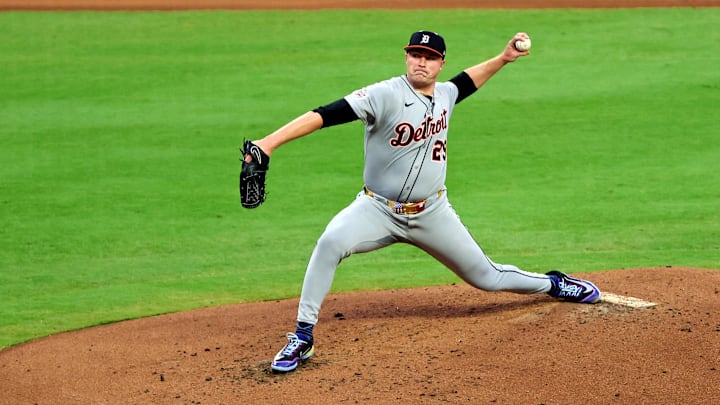 Jul 15, 2025; Cumberland, Georgia, USA; American League pitcher Tarik Skubal (29) of the Detroit Tigers pitches during the first inning during the 2025 MLB All Star Game at Truist Park. 