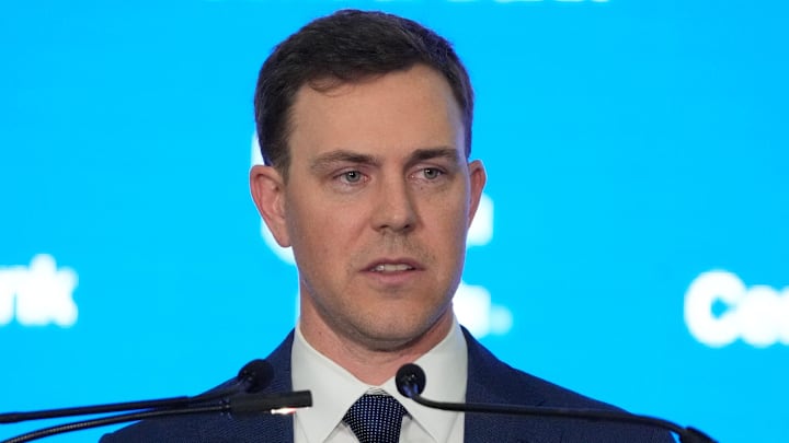 New Kentucky Wildcat head coach Will Stein makes remarks as he is introduced at Kentucky on Wednesday, December 3, 2025