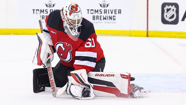 Sep 30, 2024; Newark, New Jersey, USA; New Jersey Devils goaltender Jeremy Brodeur (60) makes a save against the New York Rangers during the third period at Prudential Center. Mandatory Credit: Ed Mulholland-Imagn Images Sep 30, 2024; Newark, New Jersey, USA; New Jersey Devils goaltender Jeremy Brodeur (60) makes a save against the New York Rangers during the third period at Prudential Center. Mandatory Credit: Ed Mulholland-Imagn Images