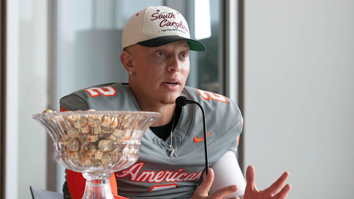 Former Oklahoma/South Carolina QB and game Most Valuable Player Spencer Rattler (2) answers questions during the Reese's Senior Bowl post game press conference in Mobile, Alabama on Saturday, Feb. 3, 2024. Former Oklahoma/South Carolina QB and game Most Valuable Player Spencer Rattler (2) answers questions during the Reese's Senior Bowl post game press conference in Mobile, Alabama on Saturday, Feb. 3, 2024.