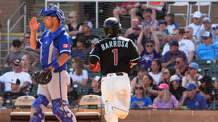Arizona Diamondbacks' Jorge Barrosa scores on an RBI single by Corbin Carroll against the Kansas City Royals in the third inning during a spring training game at Salt River Fields at Talking Stick on Feb. 28, 2025, in Scottsdale. Arizona Diamondbacks' Jorge Barrosa scores on an RBI single by Corbin Carroll against the Kansas City Royals in the third inning during a spring training game at Salt River Fields at Talking Stick on Feb. 28, 2025, in Scottsdale.