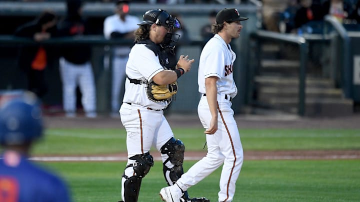 Shorebirds catcher Creed Willems (35) talks on the mound with pitcher Wyatt Cheney (19) in the game against the Cannon Ballers Tuesday, April 11, 2023, at Perdue Stadium in Salisbury, Maryland. The Shorebirds defeated the Cannon Ballers 7-2.