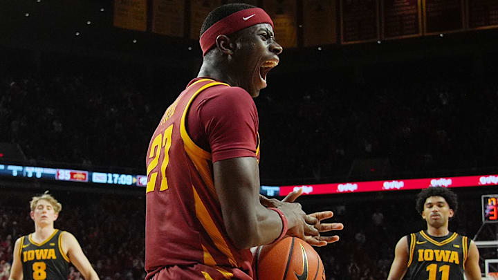 Iowa State Cyclones forward Killyan Toure (27) reacts after a dunk against Iowa during the second half in the men’s basketball Cy-Hawk series on Dec. 11, 2025, in Ames, Iowa. Iowa State Cyclones forward Killyan Toure (27) reacts after a dunk against Iowa during the second half in the men’s basketball Cy-Hawk series on Dec. 11, 2025, in Ames, Iowa.