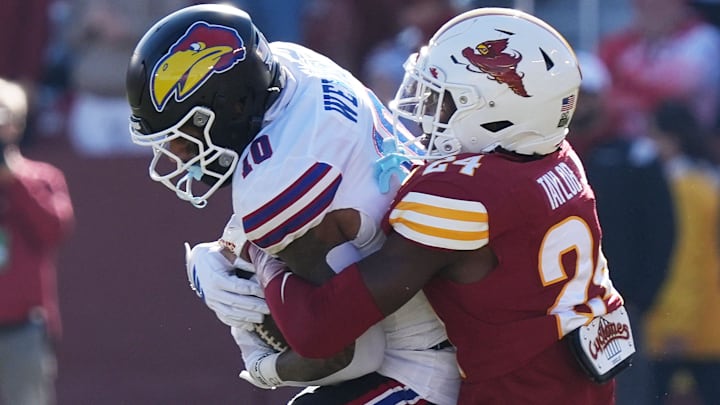 Kansas Jayhawks wide receiver Levi Wentz (10) gets tackle by Iowa State Cyclones' defensive back Quentin Taylor Jr. (24) after making a catch during the first quarter in the senior day on Nov. 22, 2025, at Jack Trice Stadium in Ames, Iowa Kansas Jayhawks wide receiver Levi Wentz (10) gets tackle by Iowa State Cyclones' defensive back Quentin Taylor Jr. (24) after making a catch during the first quarter in the senior day on Nov. 22, 2025, at Jack Trice Stadium in Ames, Iowa