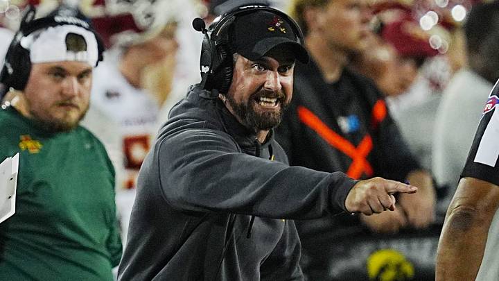 Iowa State football coach Jimmy Rogers reacts to an official's call during the third quarter of the Cy-Hawk Series football game against Iowa at Kinnick Stadium on Sept. 12, 2026, in Iowa City, Iowa. Iowa State football coach Jimmy Rogers reacts to an official's call during the third quarter of the Cy-Hawk Series football game against Iowa at Kinnick Stadium on Sept. 12, 2026, in Iowa City, Iowa.
