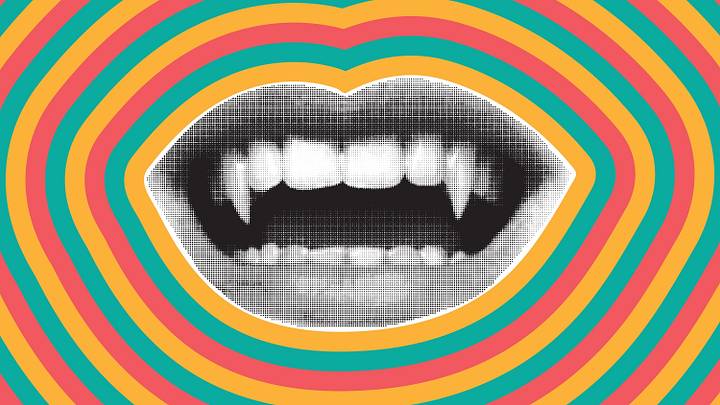 Mouth with vampire fangs with striped background Mouth with vampire fangs with striped background