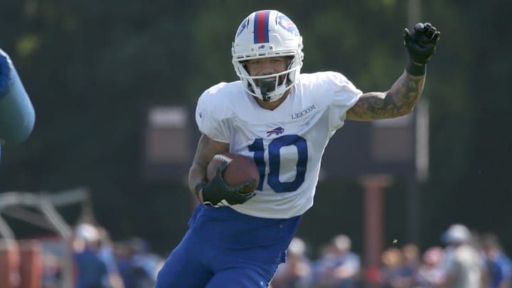 Bills wide receiver Khalil Shakir cuts upfield for yards after the catch during position drills during day five of Buffalo Bills training camp at St. John Fisher University Monday, July 28, 2025 in Pittsford, NY.