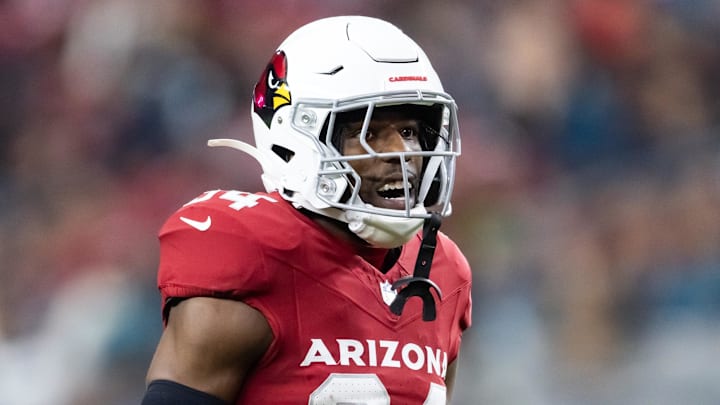 Nov 23, 2025; Glendale, Arizona, USA; Arizona Cardinals safety Jalen Thompson (34) against the Jacksonville Jaguars at State Farm Stadium. Mandatory Credit: Mark J. Rebilas-Imagn Images