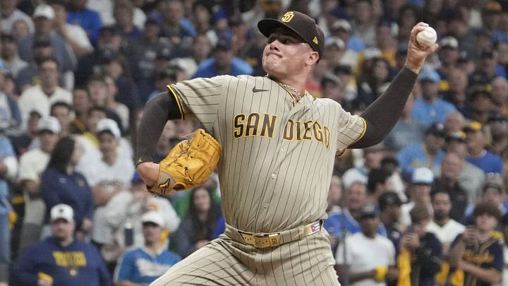 Oct 3, 2026; Milwaukee, Wisconsin, USA; San Diego Padres pitcher Adrian Morejon (50) pitches against the Milwaukee Brewers during the seventh inning at American Family Field. Mandatory Credit: Michael McLoone-Imagn Images Oct 3, 2026; Milwaukee, Wisconsin, USA; San Diego Padres pitcher Adrian Morejon (50) pitches against the Milwaukee Brewers during the seventh inning at American Family Field. Mandatory Credit: Michael McLoone-Imagn Images