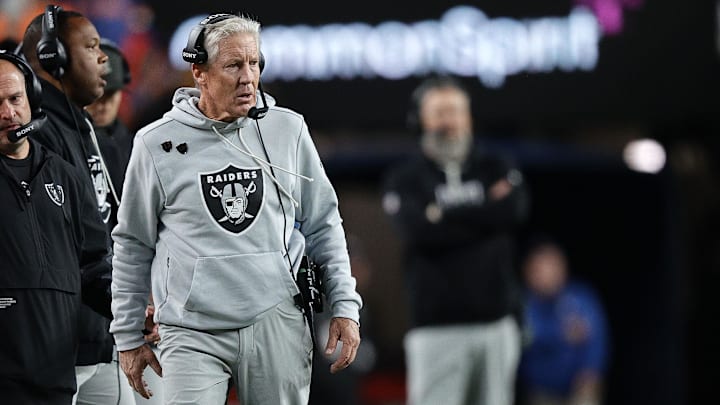 Nov 6, 2025; Denver, Colorado, USA; Las Vegas Raiders head coach Pete Carroll during the first half at Empower Field at Mile High. Mandatory Credit: Isaiah J. Downing-Imagn Images