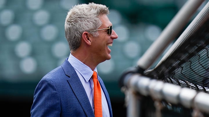 Jul 27, 2022; Baltimore, Maryland, USA; Baltimore Orioles general manager Mike Elias reacts on the field before the game between the Baltimore Orioles and the Tampa Bay Rays at Oriole Park at Camden Yards. Jul 27, 2022; Baltimore, Maryland, USA; Baltimore Orioles general manager Mike Elias reacts on the field before the game between the Baltimore Orioles and the Tampa Bay Rays at Oriole Park at Camden Yards.