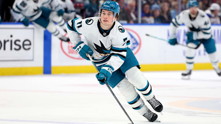 Mar 4, 2025; Buffalo, New York, USA; San Jose Sharks center Macklin Celebrini (71) carries the puck up ice during the third period against the Buffalo Sabres at KeyBank Center. Mandatory Credit: Timothy T. Ludwig-Imagn Images Mar 4, 2025; Buffalo, New York, USA; San Jose Sharks center Macklin Celebrini (71) carries the puck up ice during the third period against the Buffalo Sabres at KeyBank Center. Mandatory Credit: Timothy T. Ludwig-Imagn Images