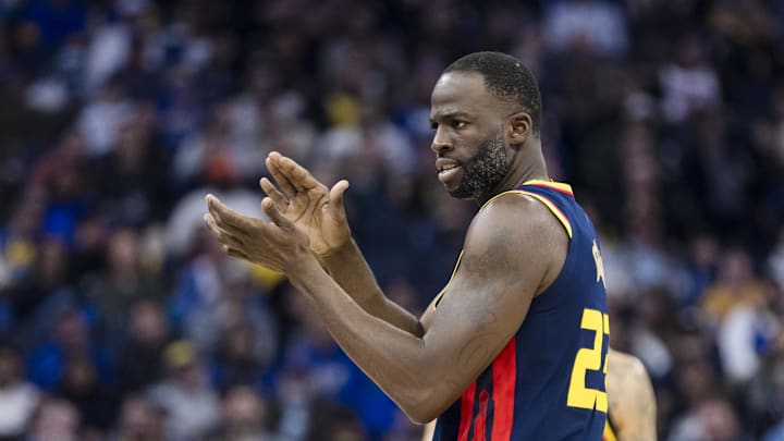 Golden State Warriors forward Draymond Green (23) reacts during the first half of the game against the Oklahoma City Thunder at Chase Center. 