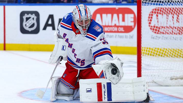 Apr 15, 2026; Tampa, Florida, USA; New York Rangers goaltender Dylan Garand (33) makes a save against the Tampa Bay Lightning in the third period at Benchmark International Arena. Mandatory Credit: Nathan Ray Seebeck-Imagn Images Apr 15, 2026; Tampa, Florida, USA; New York Rangers goaltender Dylan Garand (33) makes a save against the Tampa Bay Lightning in the third period at Benchmark International Arena. Mandatory Credit: Nathan Ray Seebeck-Imagn Images