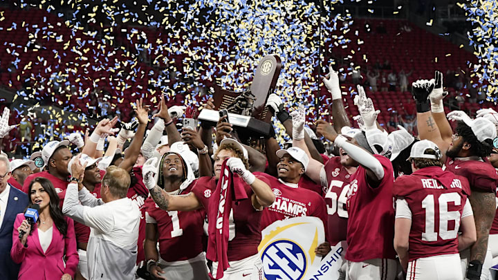 Dec 2, 2023; Atlanta, GA, USA; The Alabama Crimson Tide react after defeating the Georgia Bulldogs for the SEC Championship at Mercedes-Benz Stadium. Mandatory Credit: Dale Zanine-USA TODAY Sports