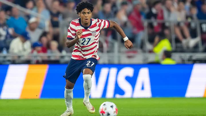 USMNT winger Mathis Albert dribbles the ball during the team's 1-0 win over Canada.