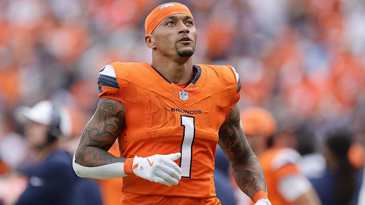 Sep 7, 2025; Denver, Colorado, USA; Denver Broncos tight end Evan Engram (1) in the second half at Empower Field at Mile High. 