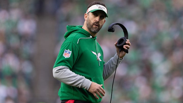 Dec 29, 2024; Philadelphia, Pennsylvania, USA; Philadelphia Eagles head coach Nick Sirianni looks on during the fourth quarter against the Dallas Cowboys at Lincoln Financial Field. Mandatory Credit: Bill Streicher-Imagn Images