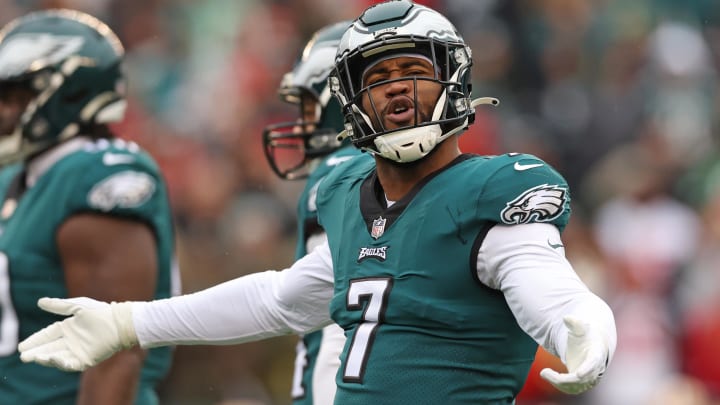 Jan 29, 2023; Philadelphia, Pennsylvania, USA; Philadelphia Eagles linebacker Haason Reddick (7) celebrates against the San Francisco 49ers during the first quarter in the NFC Championship game at Lincoln Financial Field. Jan 29, 2023; Philadelphia, Pennsylvania, USA; Philadelphia Eagles linebacker Haason Reddick (7) celebrates against the San Francisco 49ers during the first quarter in the NFC Championship game at Lincoln Financial Field.