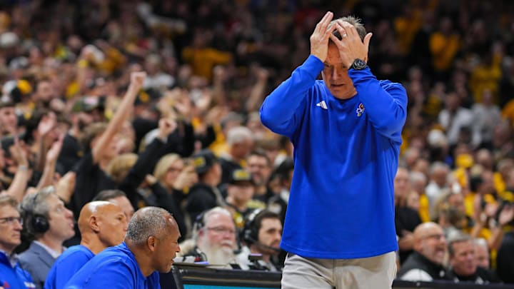 Dec 8, 2024; Columbia, Missouri, USA; Kansas Jayhawks head coach Bill Self reacts during the second half against the Missouri Tigers at Mizzou Arena. Mandatory Credit: Jay Biggerstaff-Imagn Images Dec 8, 2024; Columbia, Missouri, USA; Kansas Jayhawks head coach Bill Self reacts during the second half against the Missouri Tigers at Mizzou Arena. Mandatory Credit: Jay Biggerstaff-Imagn Images
